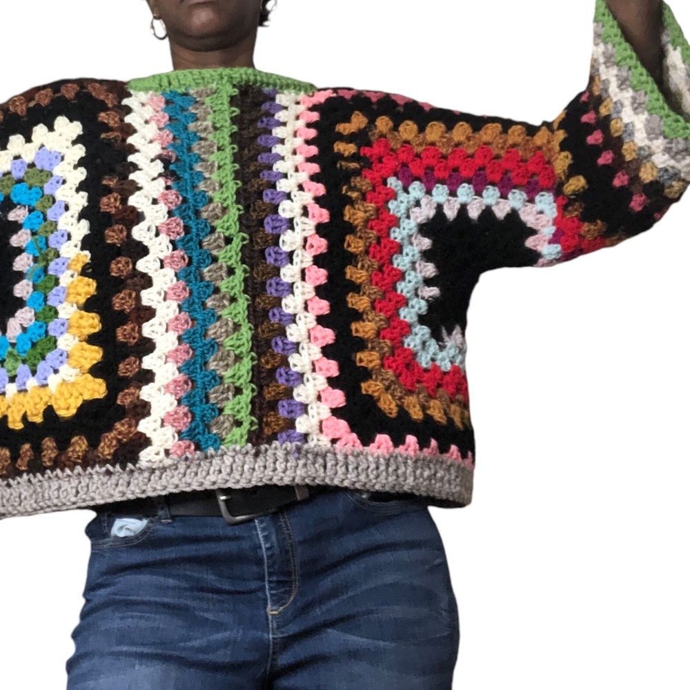 Multi-Color Artisan Cropped Pullover Bohemian Style Sweater - Picture 13 of 14